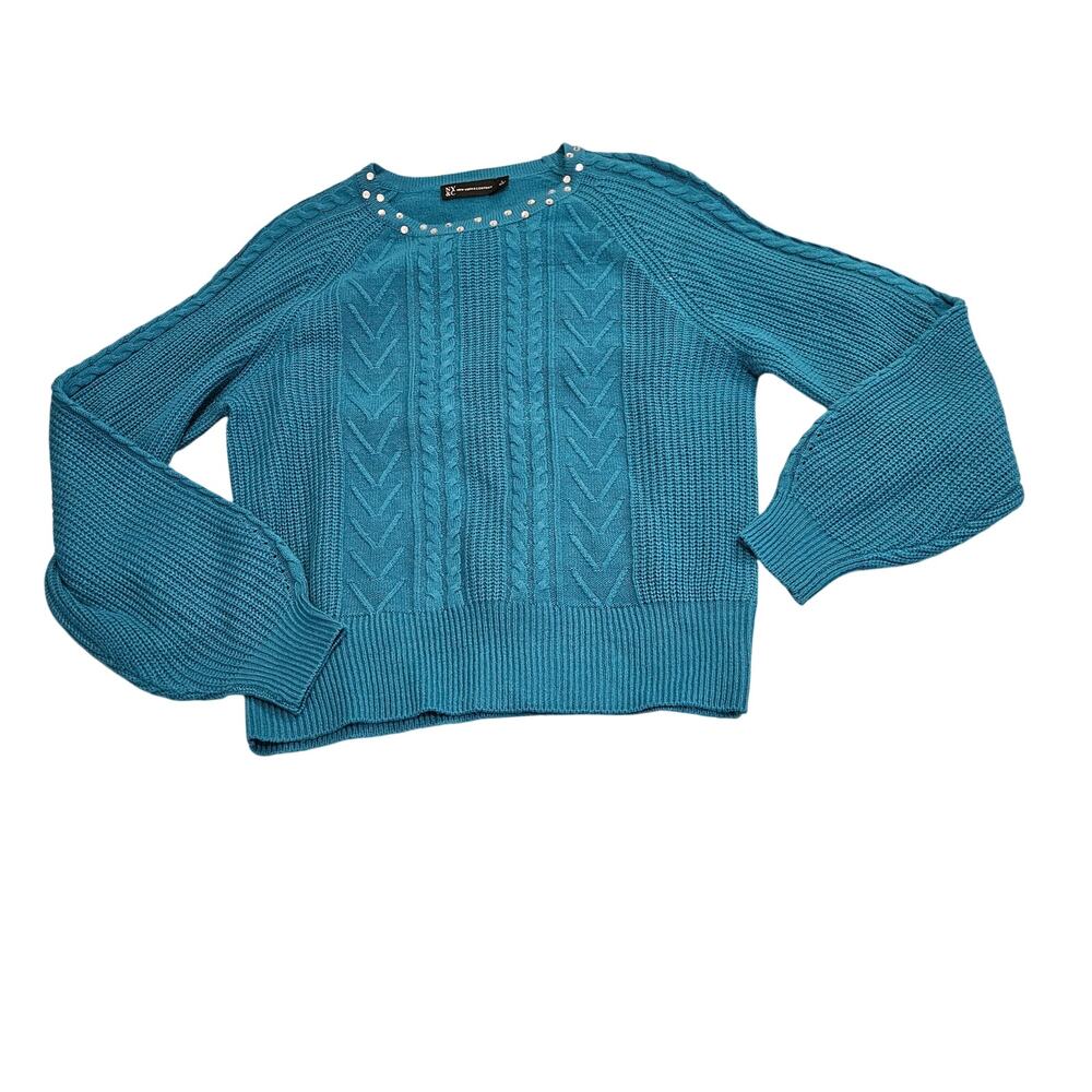 NY & Co Cable Knit Sweater Large Blue Studded Crewneck Pullover